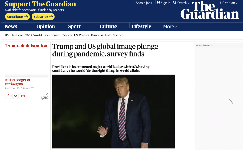 疫情期间美国形象和特朗普个人形象跌至历史低点